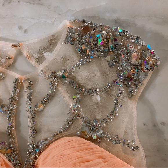 Peach Illusion Rhinestone Prom Pageant Dress - Picture 8 of 8